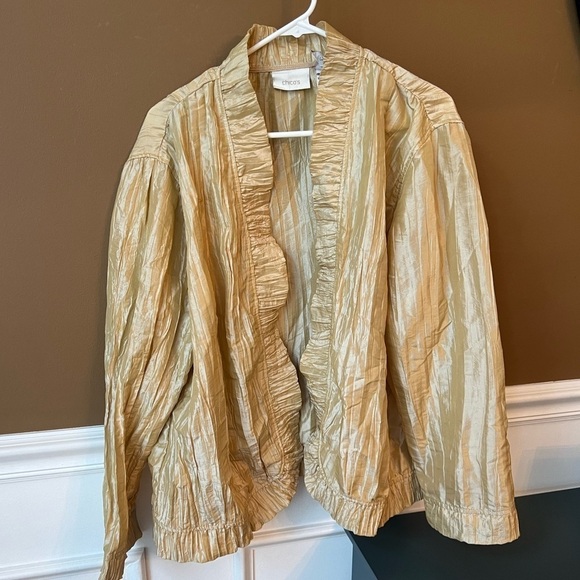 CHICO’S Women’s Gold Lightweight Shimmer Crinkle Jacket Size 3 coquette fairy - Picture 2 of 4